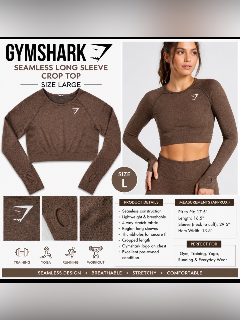 Gymshark Seamless Long Sleeve Crop Top – Women’s Size Large - Picture 1 of 5